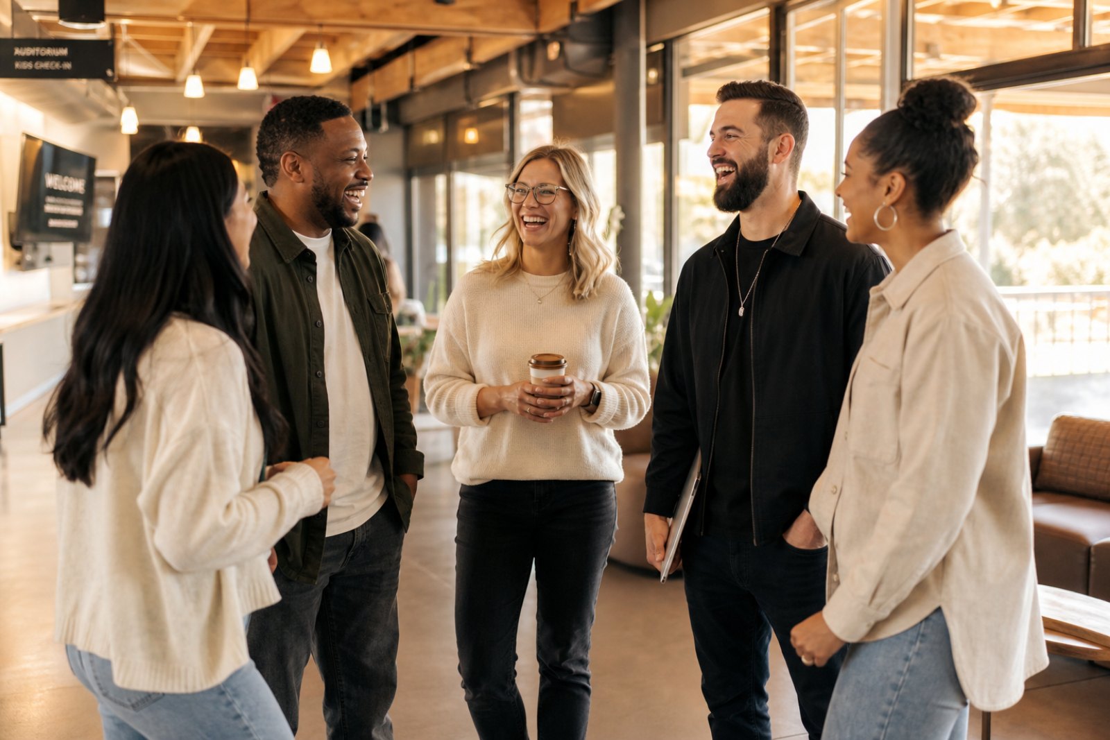 A church staff team laughing together in a bright campus lobby