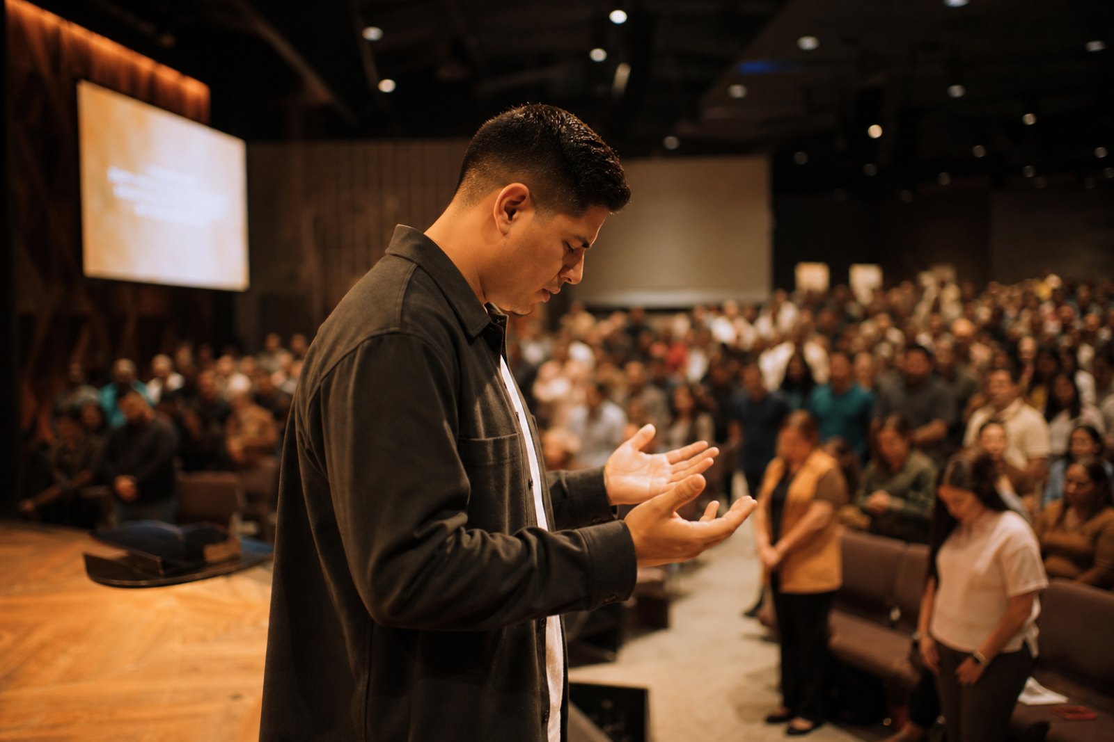 A pastor praying with a standing congregation
