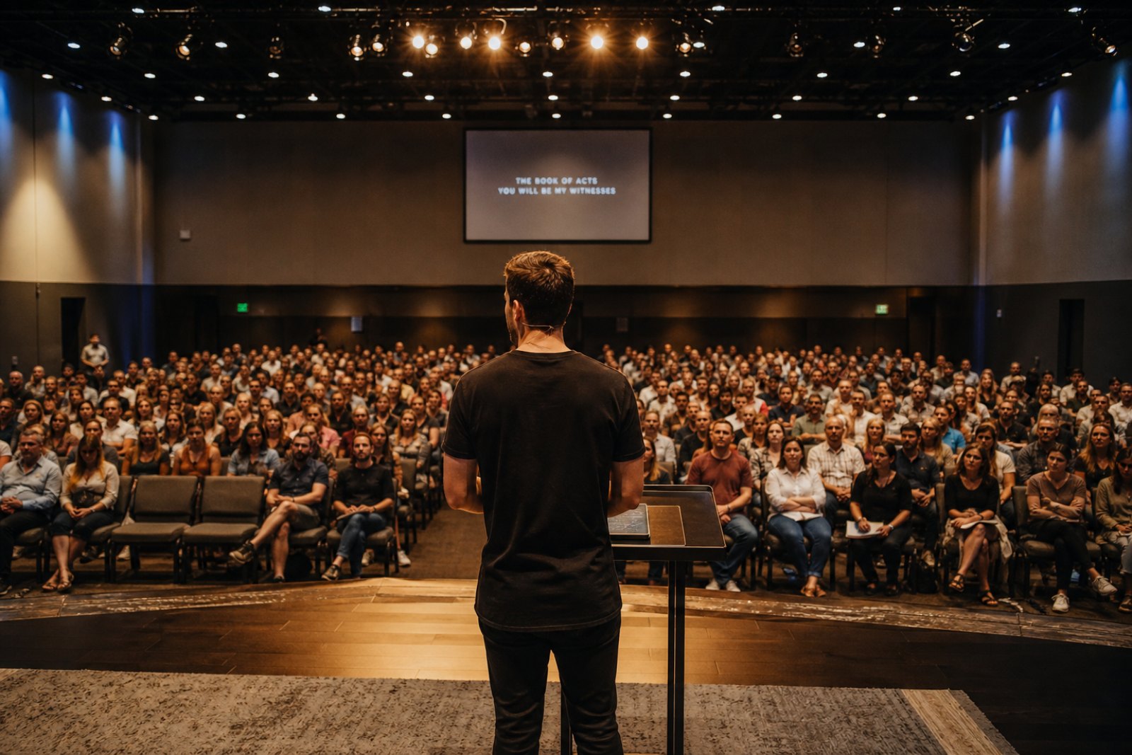 A pastor on stage facing a full room of several hundred people