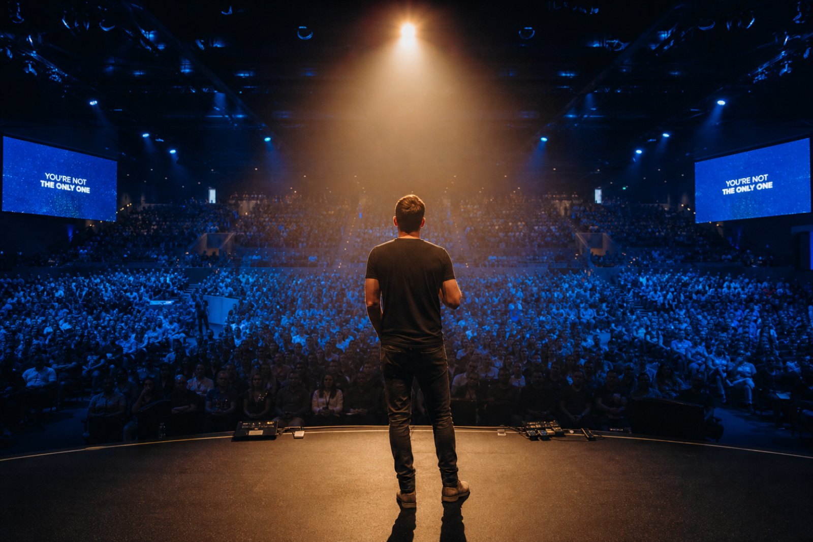 A pastor on stage facing a full auditorium