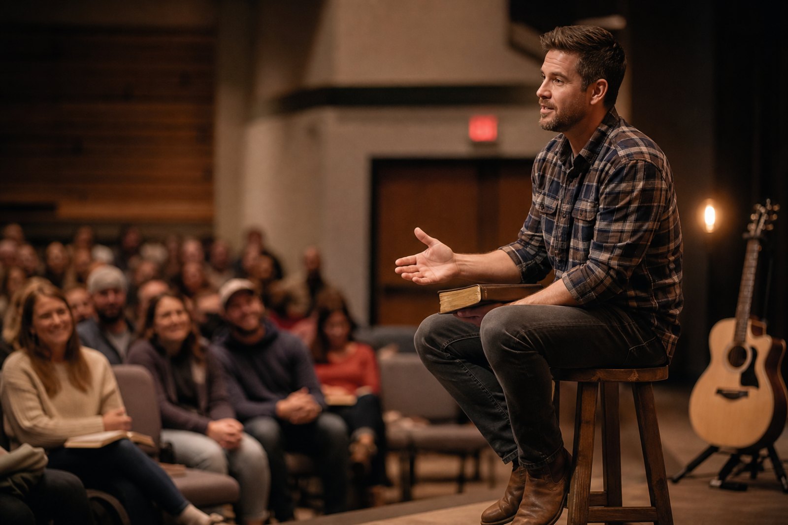 A pastor teaching from a stool, close to a seated congregation